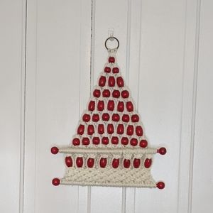 Handmade macrame white and red boho mail holder.